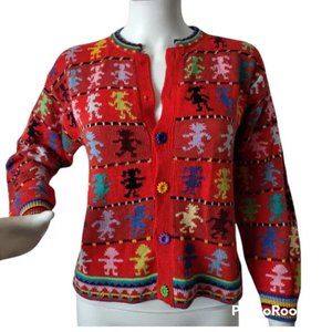 Vtg Christine Foley Chunky Knit Novelty Cardigan Colorful Sweater